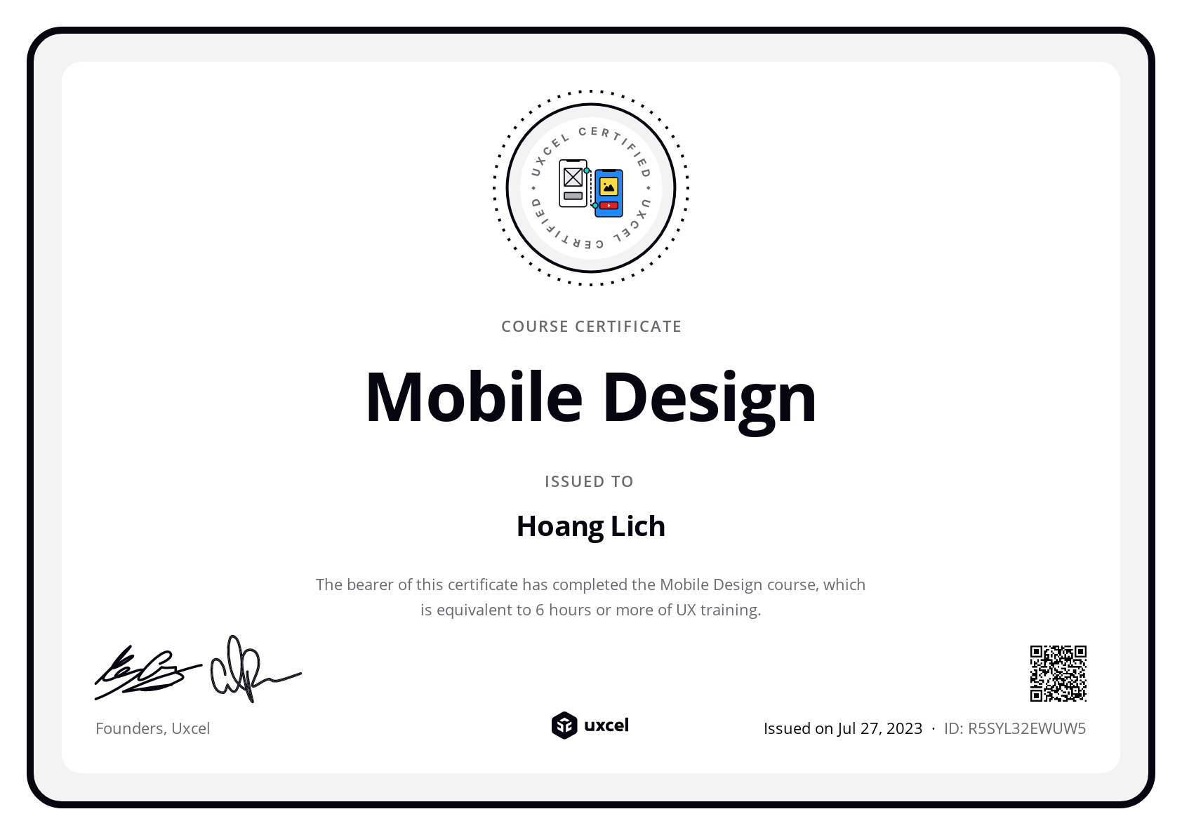 Hoang Lich's certificate